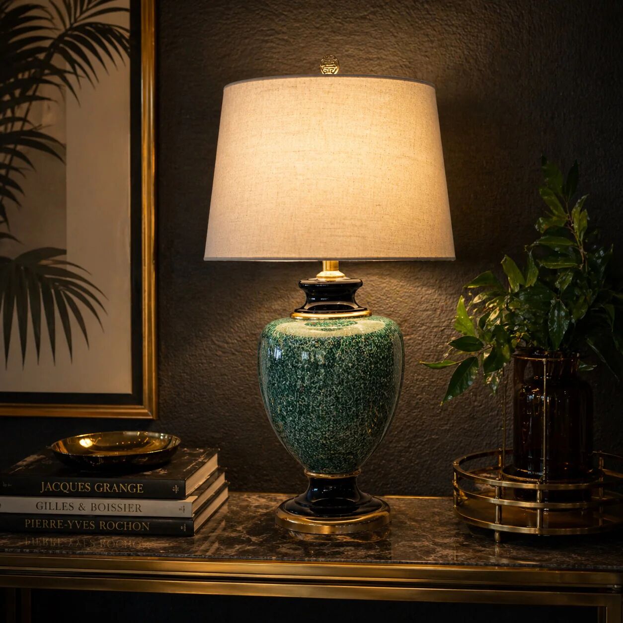 Pied de lampe en céramique verte mouchetée noire et dorée années 70 style Hollywood Regency