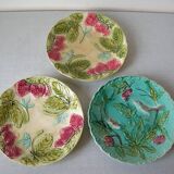 Set of 3 old ceramic slip plates with bird strawberry fruit decor