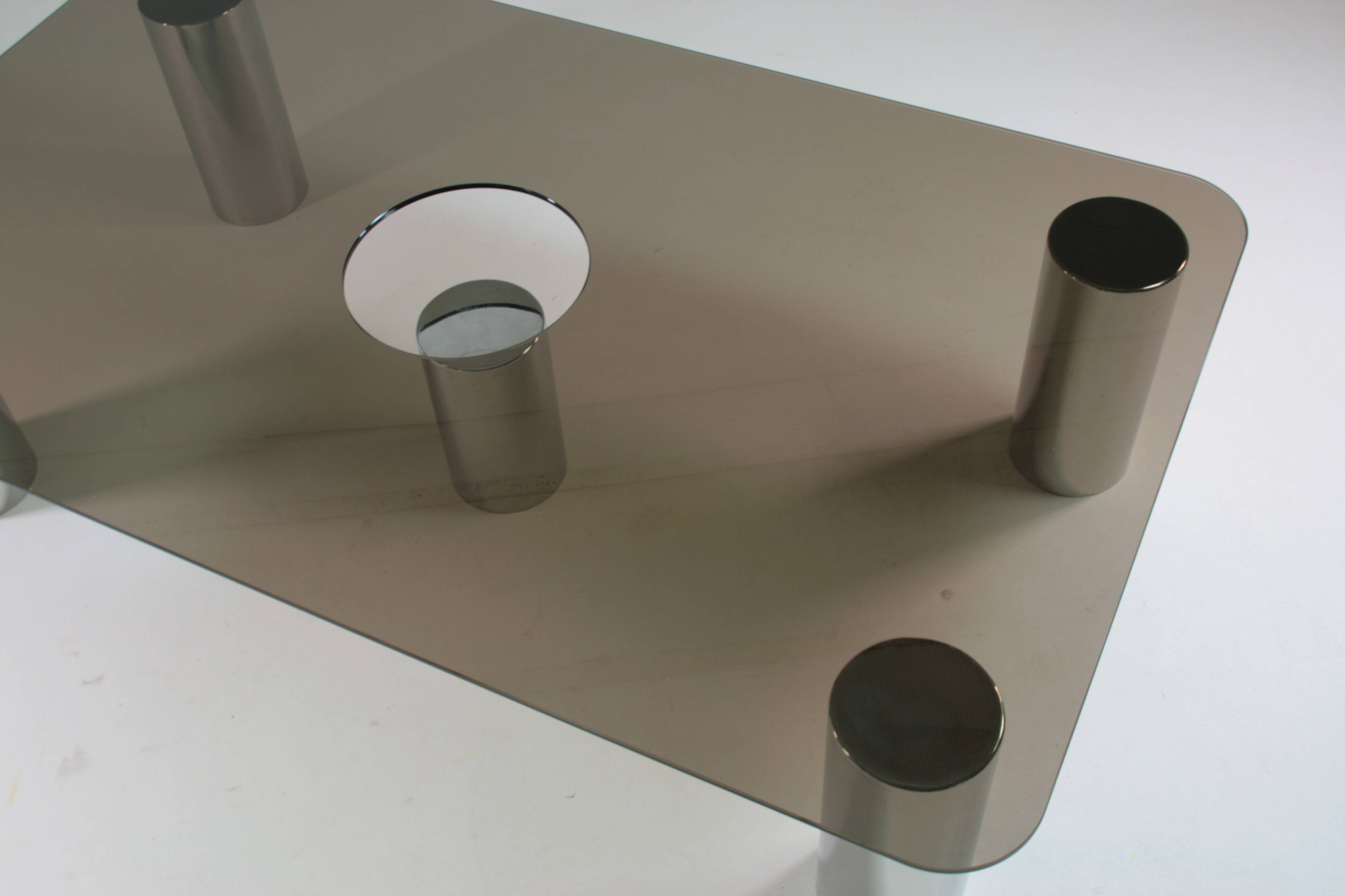 Large coffee table in chromed metal and smoked glass, Italy 1970