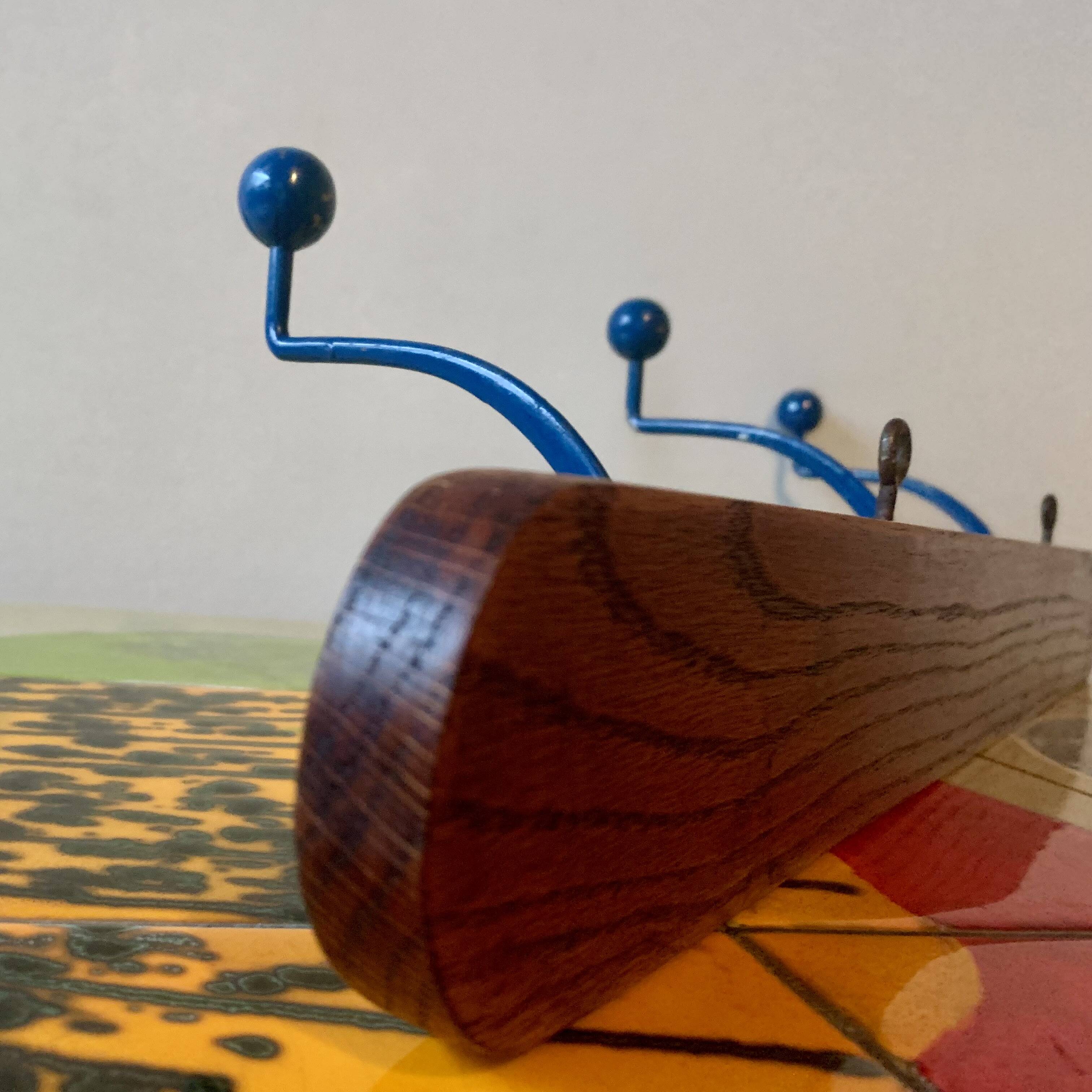 Vintage wooden wall coat rack - triple coat hook with blue metal balls