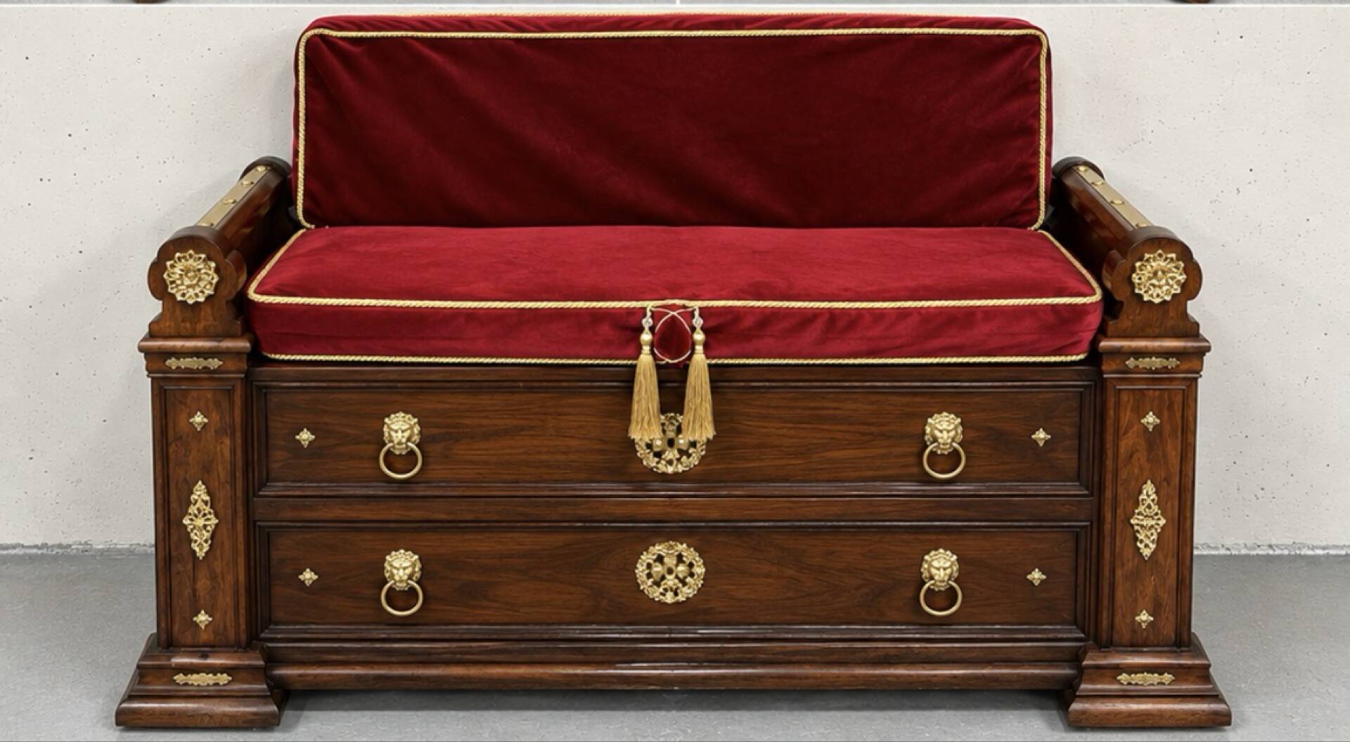 Bank-safe / medieval style bench – wood, red velvet and ornamentation