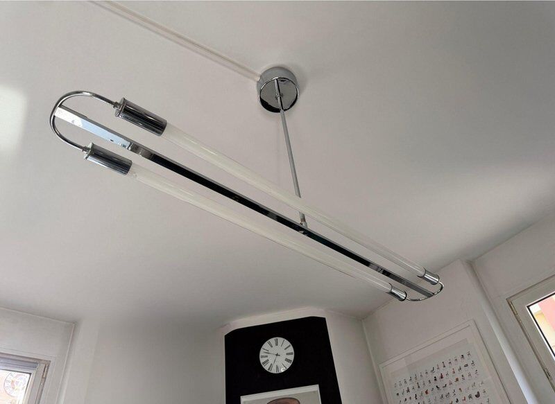 Streamline modern ceiling lamp in chrome with neon tubes, Germany, 1935