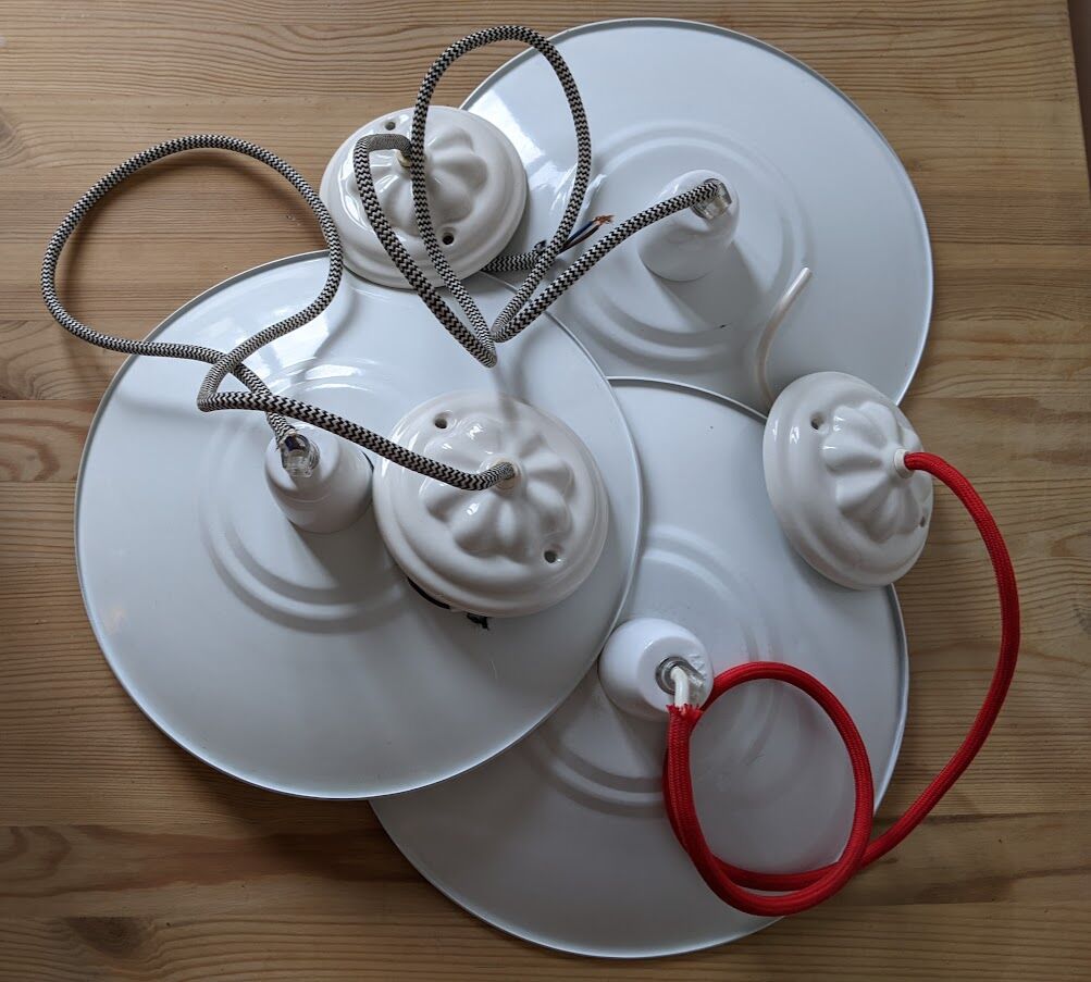 Three vintage pendant lamps, porcelain and aluminum