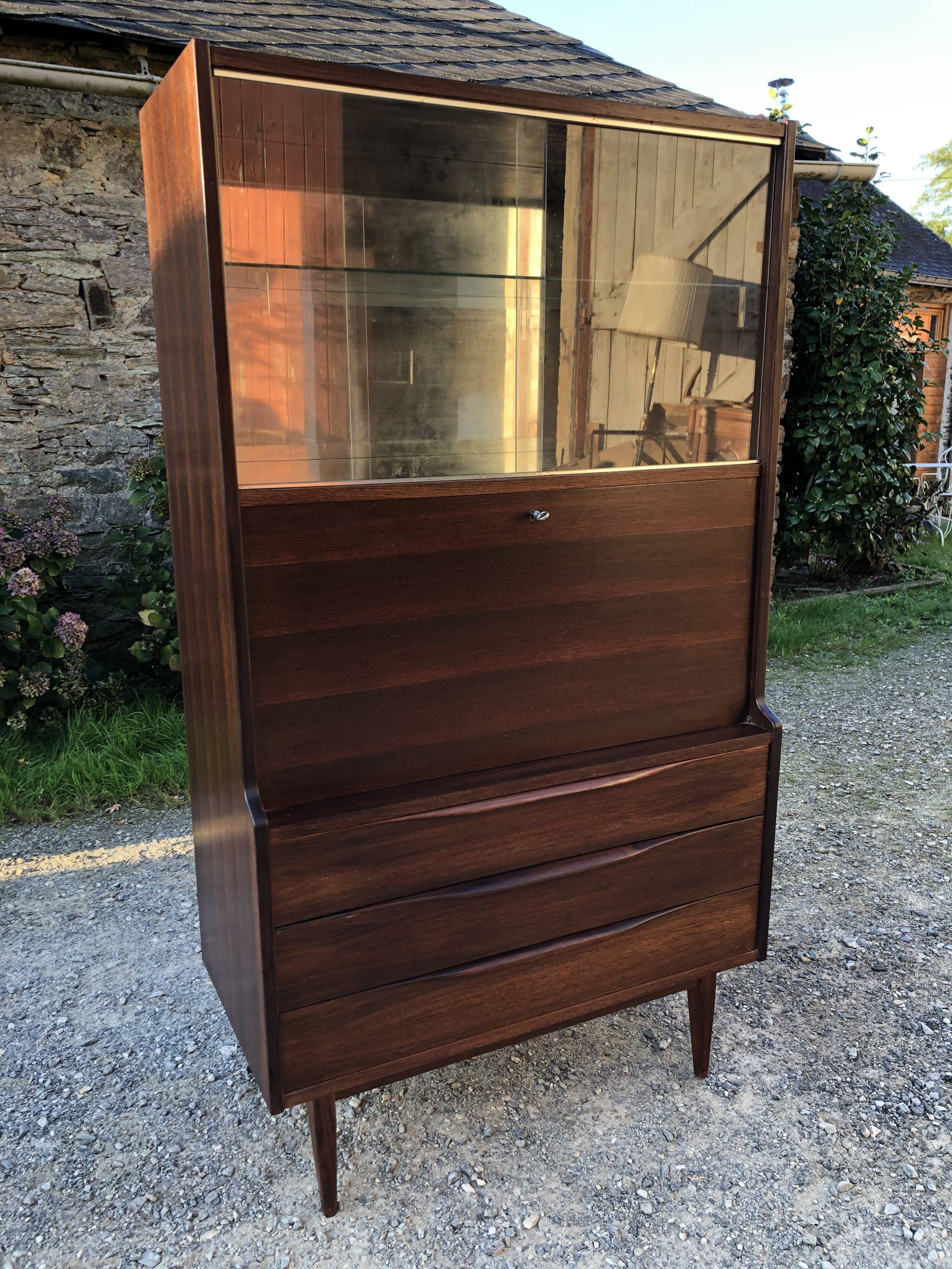 Vintage Scandinavian secretary in rosewood with drawers featuring fin-style handles.