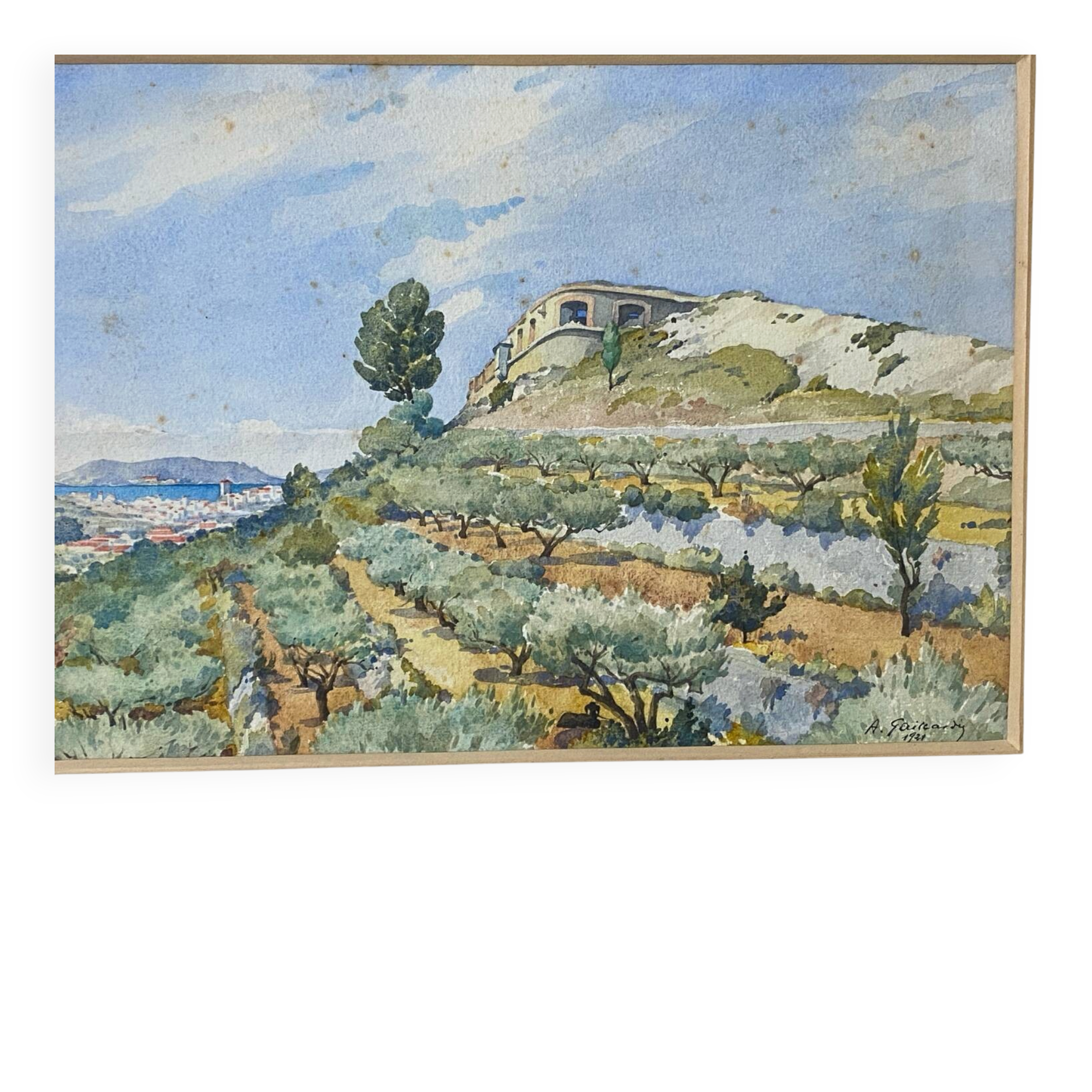 Watercolour landscape of Provence "the fort on the town", early 20th century.