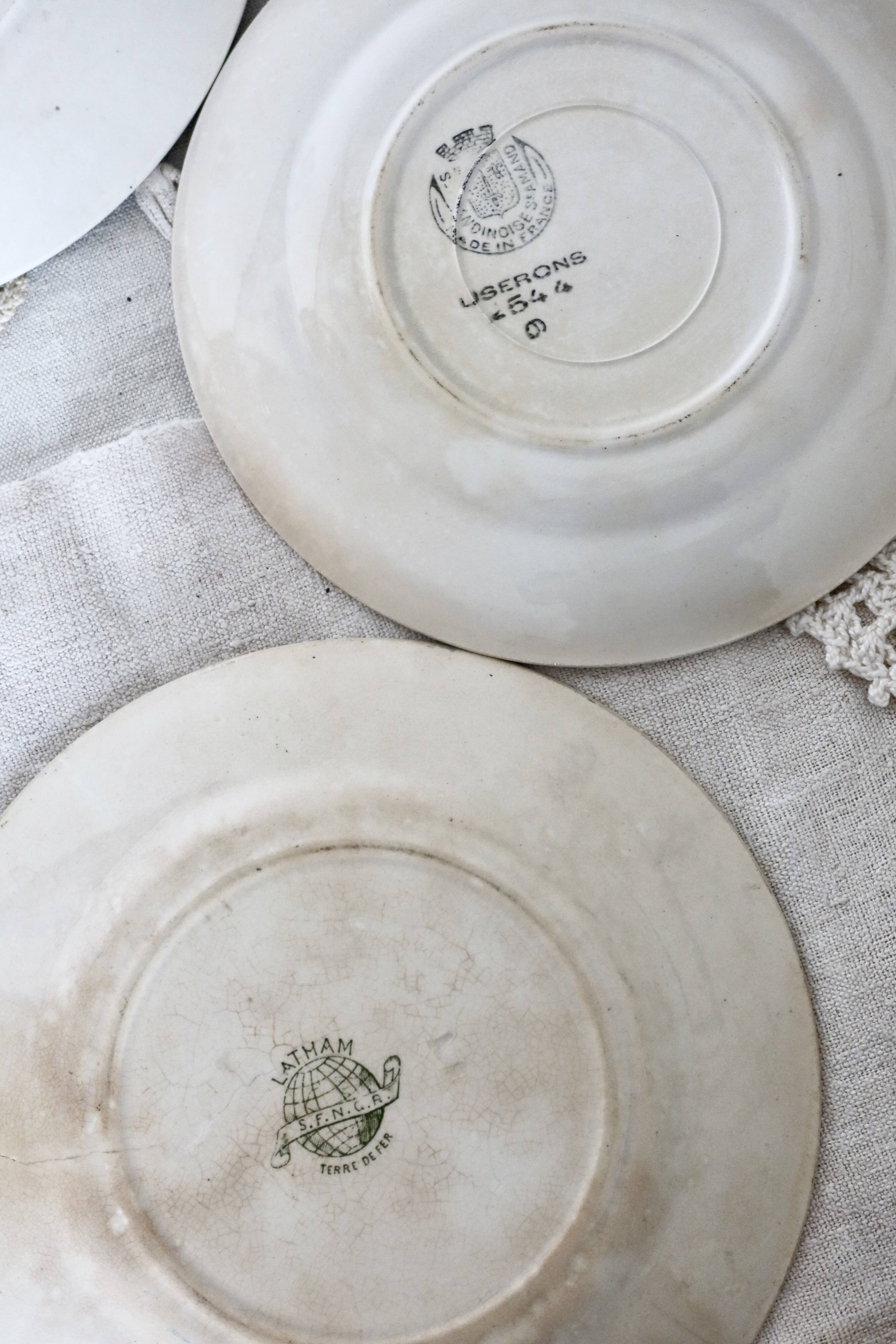 4 mismatched white and green ironstone dessert plates Arabesque set