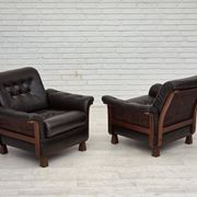 1970s, Scandinavian armchair, brown furniture leather, teak wood legs.
