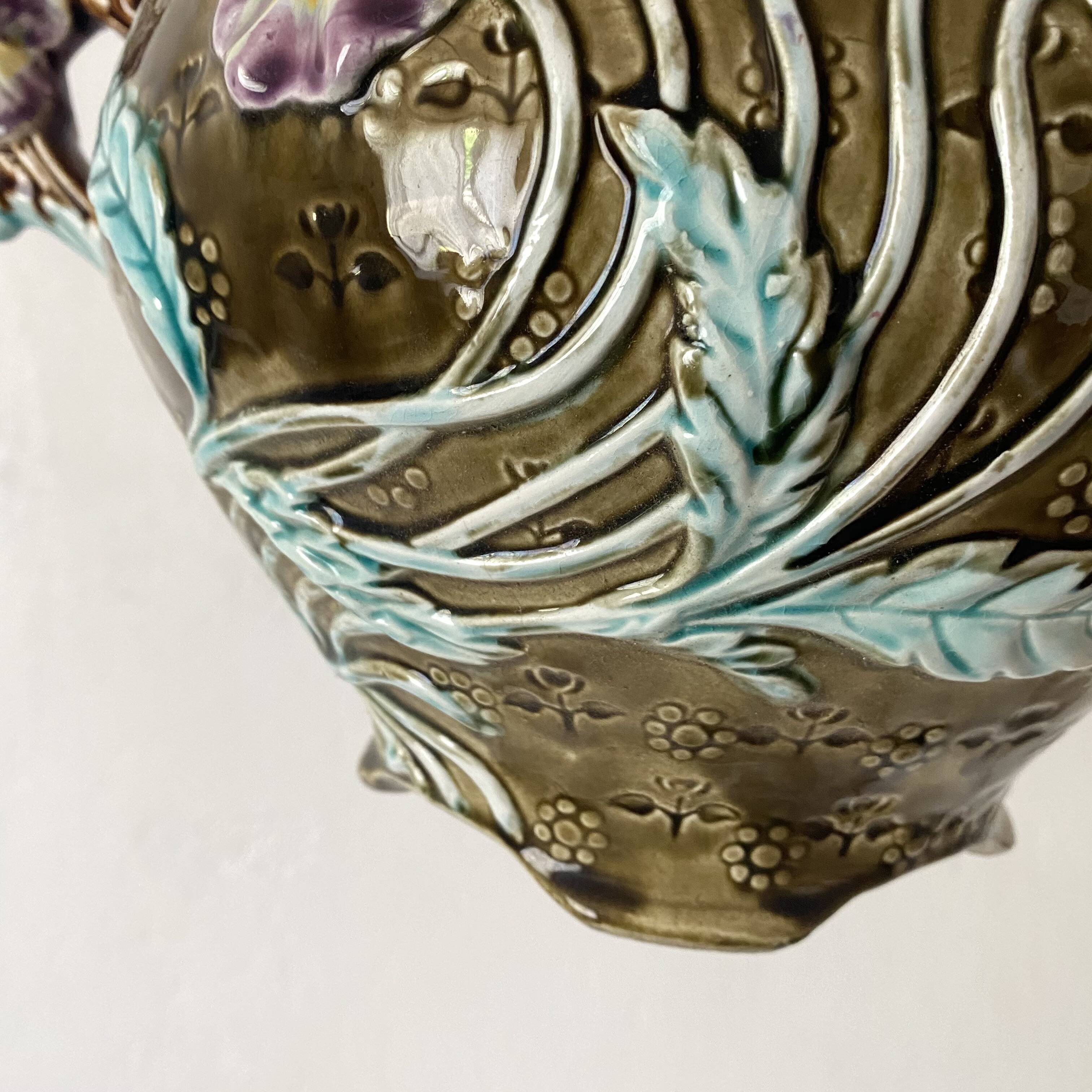 Art Nouveau earthenware cachepot, Onnaing pansies