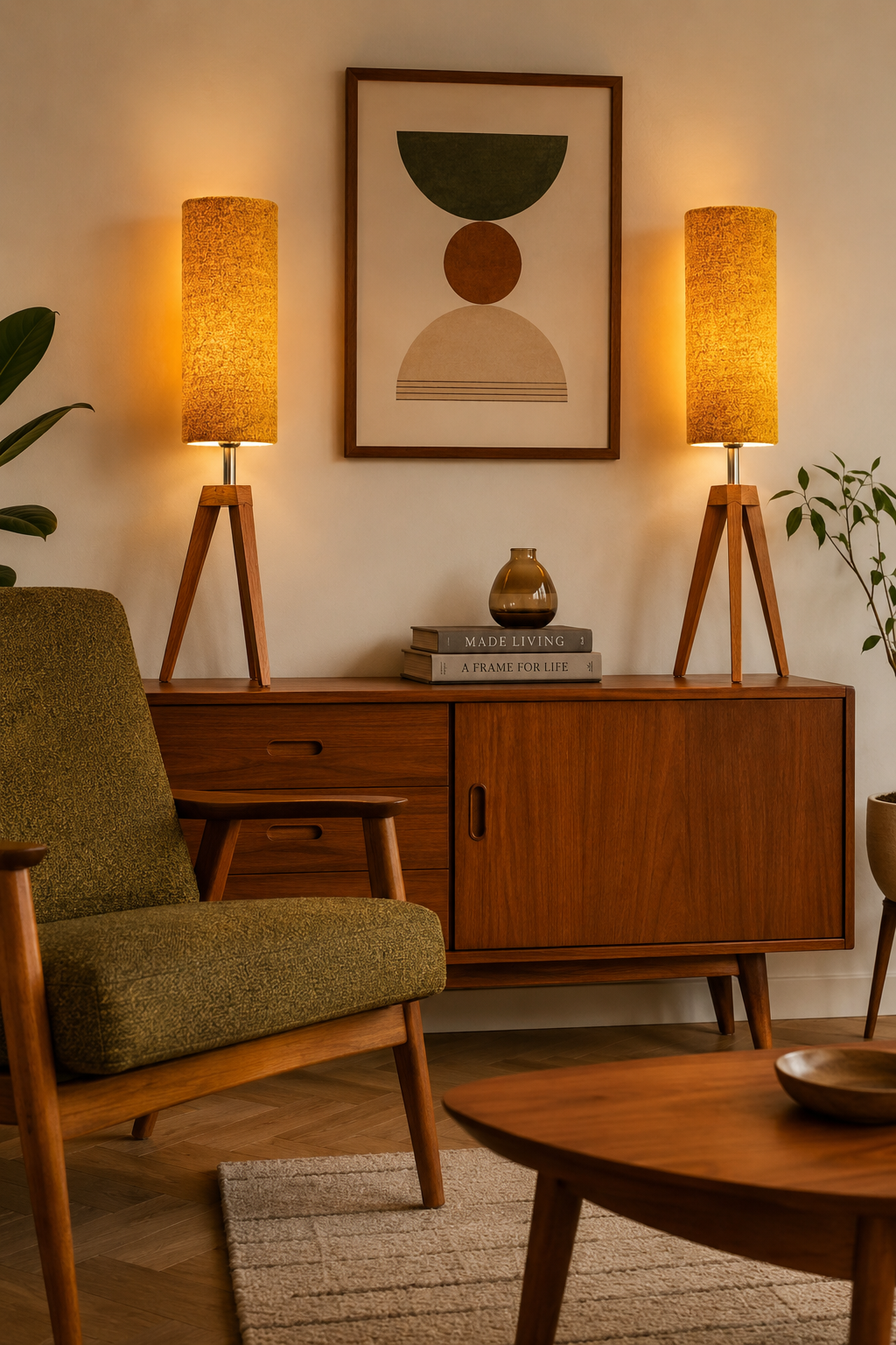 Pair of modern design teak wood lamps 1960