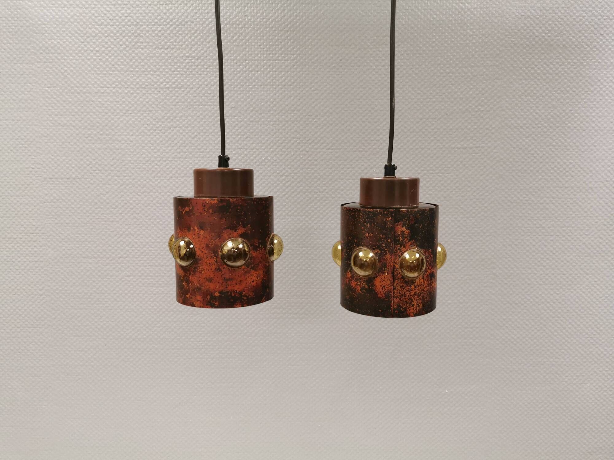 Two beautiful hanging lamps made of thin copper with inlaid glass 1970-80s