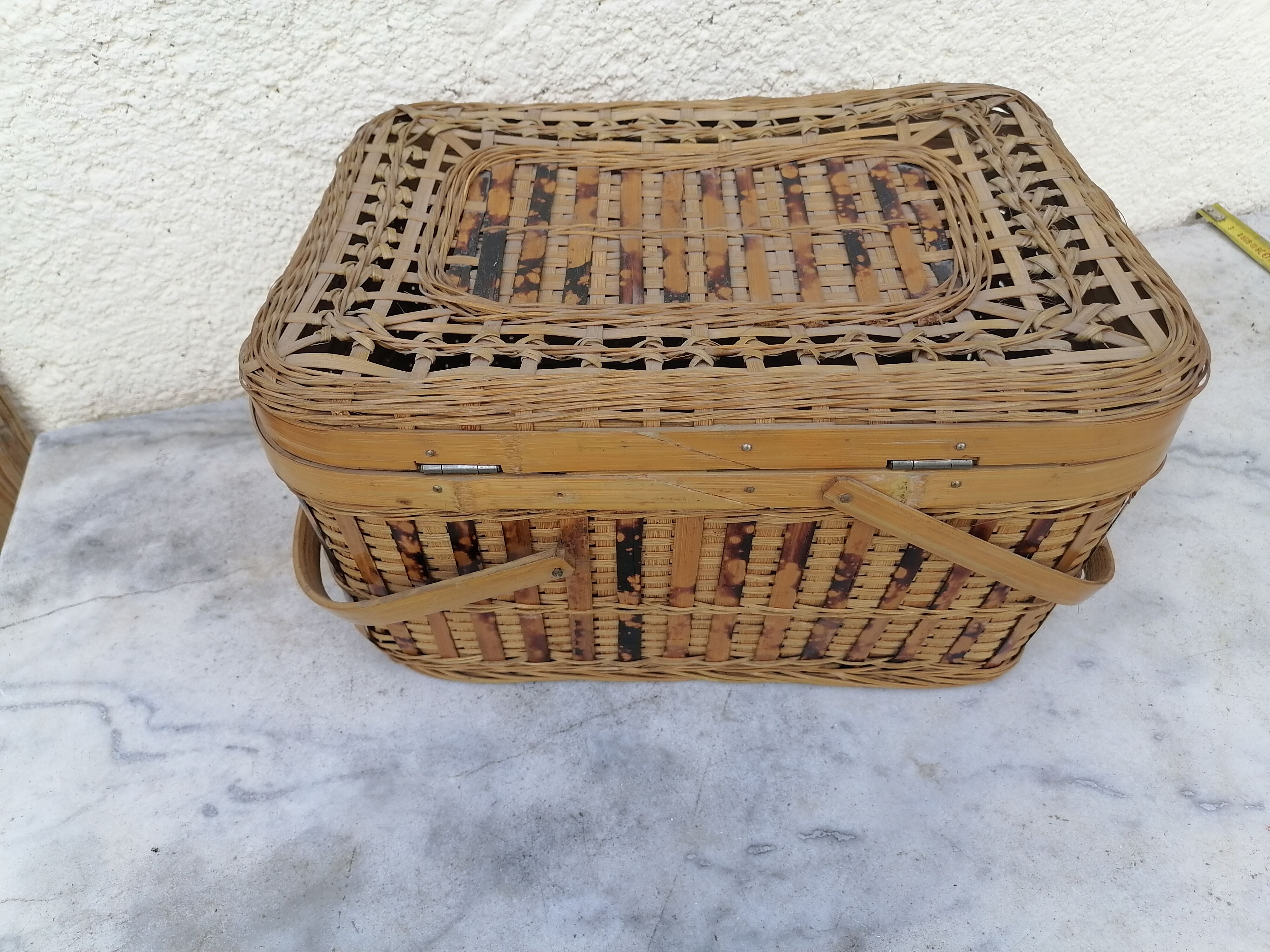 Small vintage basket suitcase wicker splices