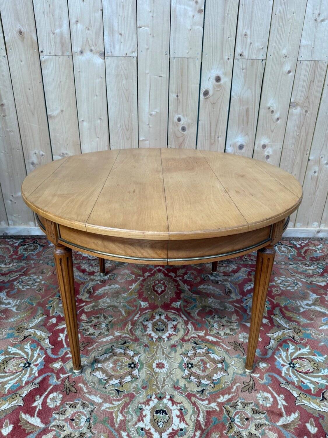 Extendable round table Louis XVI style solid cherry wood brass feet