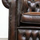 Dark brown flamed cowhide English 2.5 seater Chesterfield sofa
