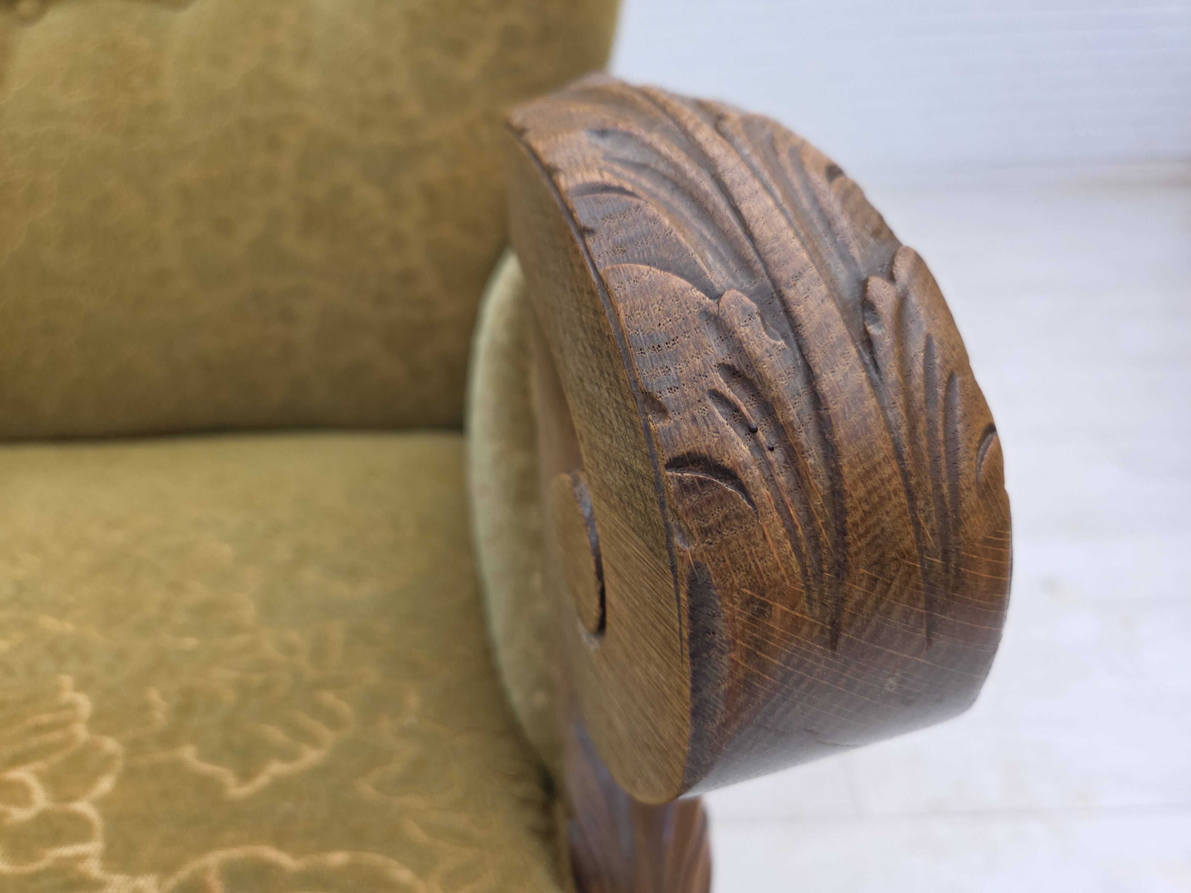 1960s, Danish highback armchair, furniture cotton/wool fabric, oak wood.