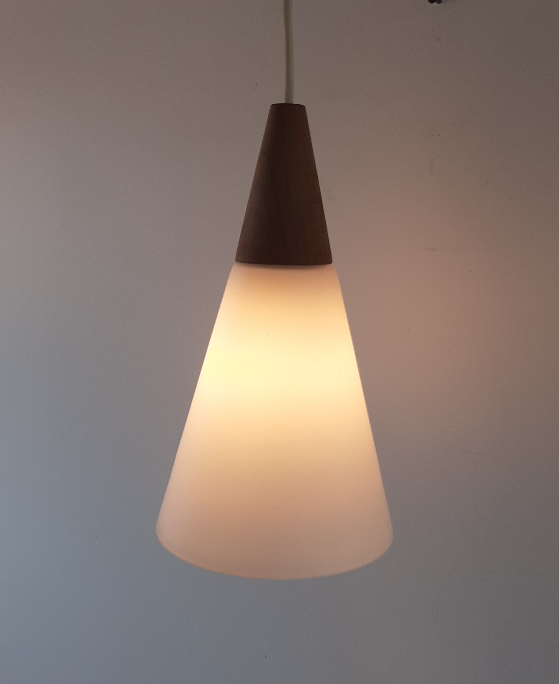Suspension lamp Louis Kalff 60s teak and opaline