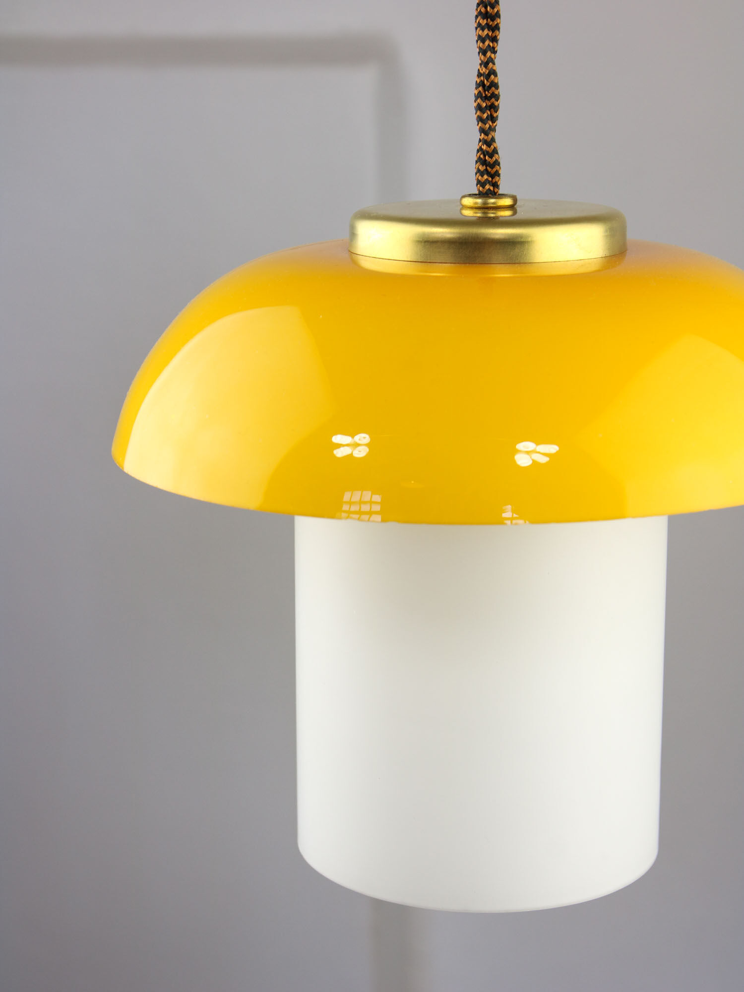 Mid-century yellow glass & brass mushroom pendant lamp