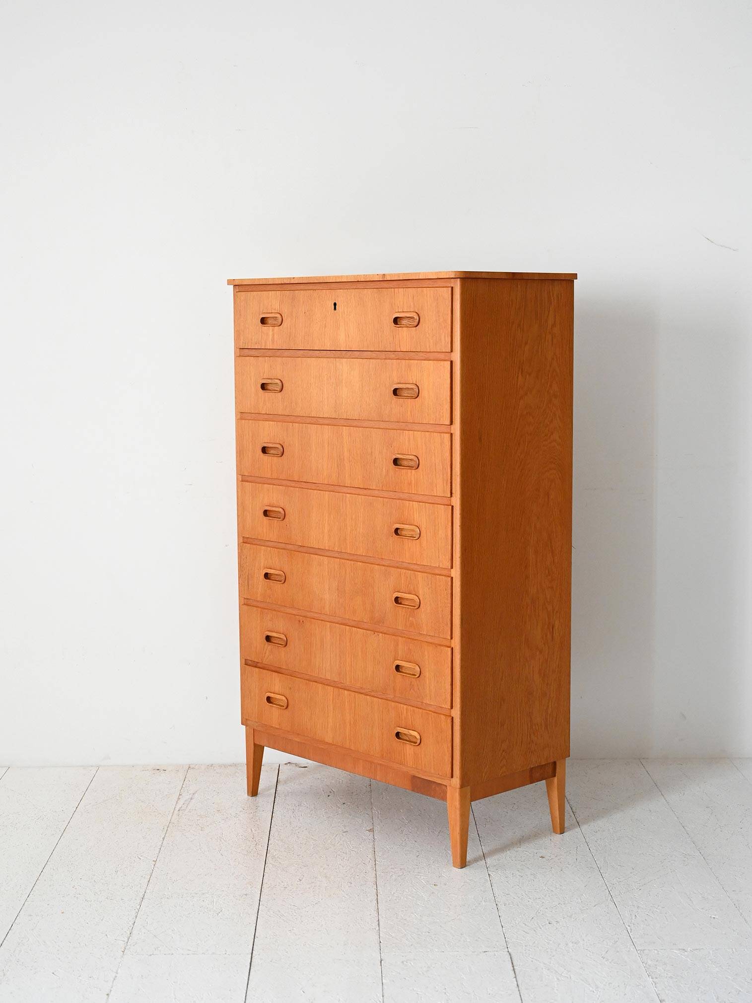 1960s Scandinavian Oak Tallboy with Sculpted Handles