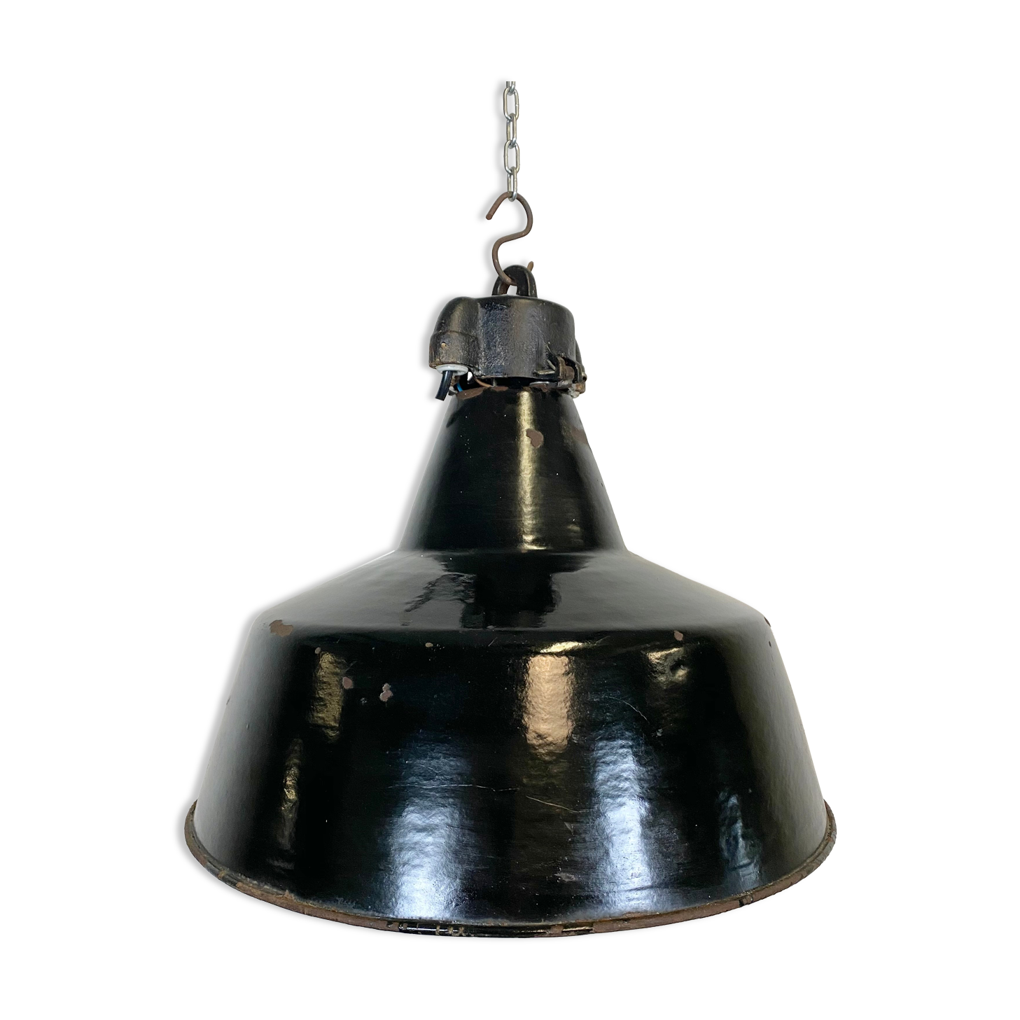 Industrial black enamel pendant lamp with cast iron top, 1970s