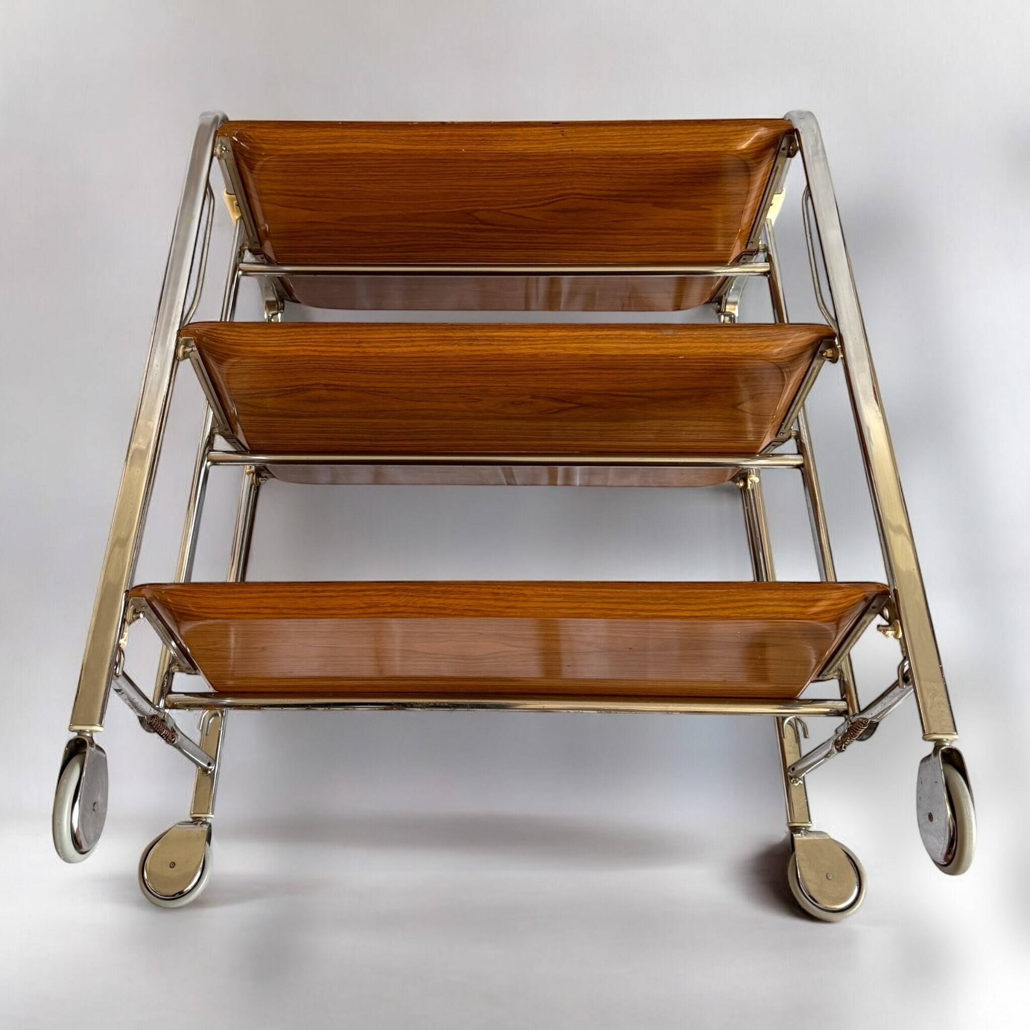 Bremshey Dinett Folding Trolley, Chrome & Teak, 1970s