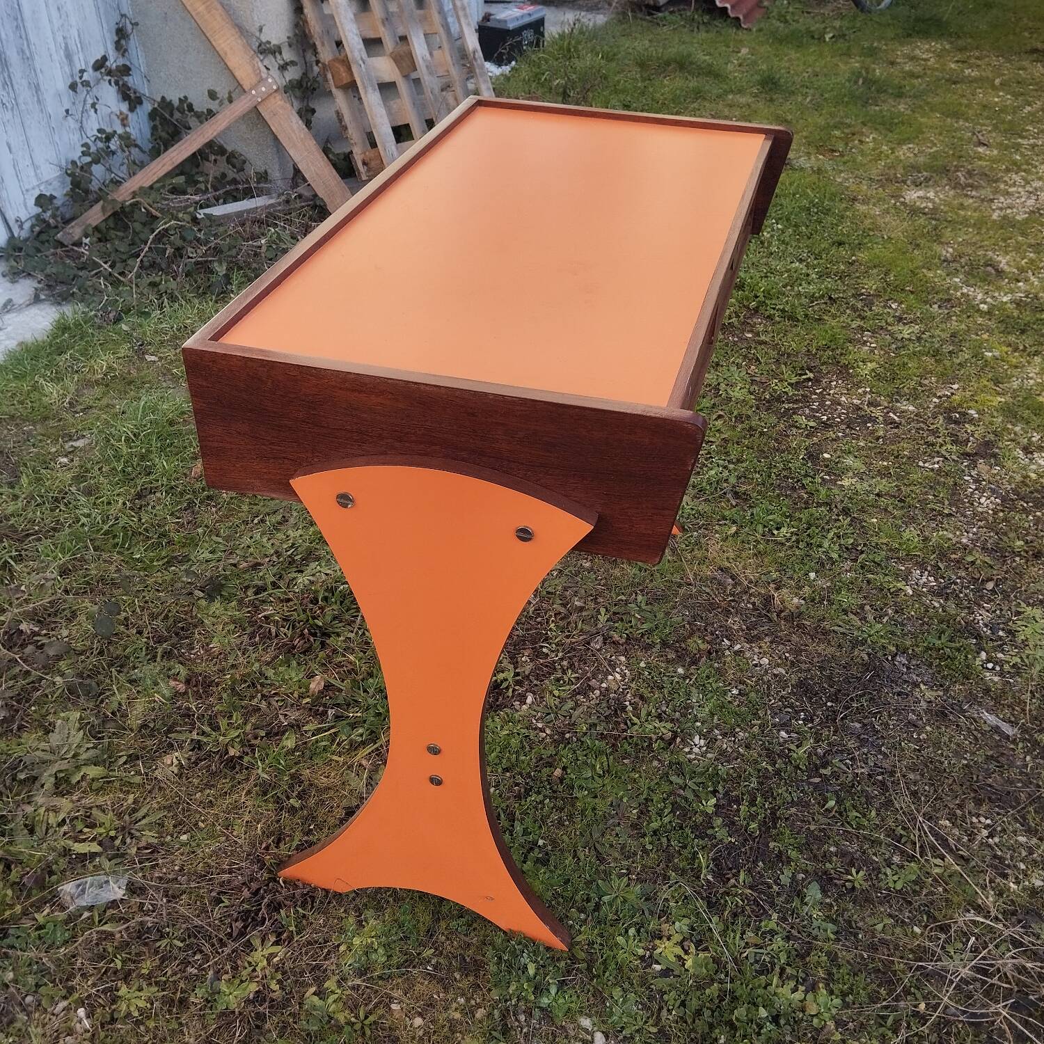 Mahogany and formica console desk, 70s design.