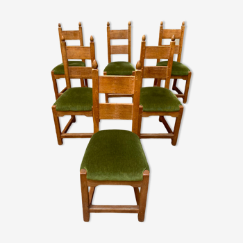 Ensemble de 6 chaises brutalistes velours vert