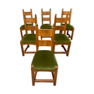 Ensemble de 6 chaises brutalistes velours vert