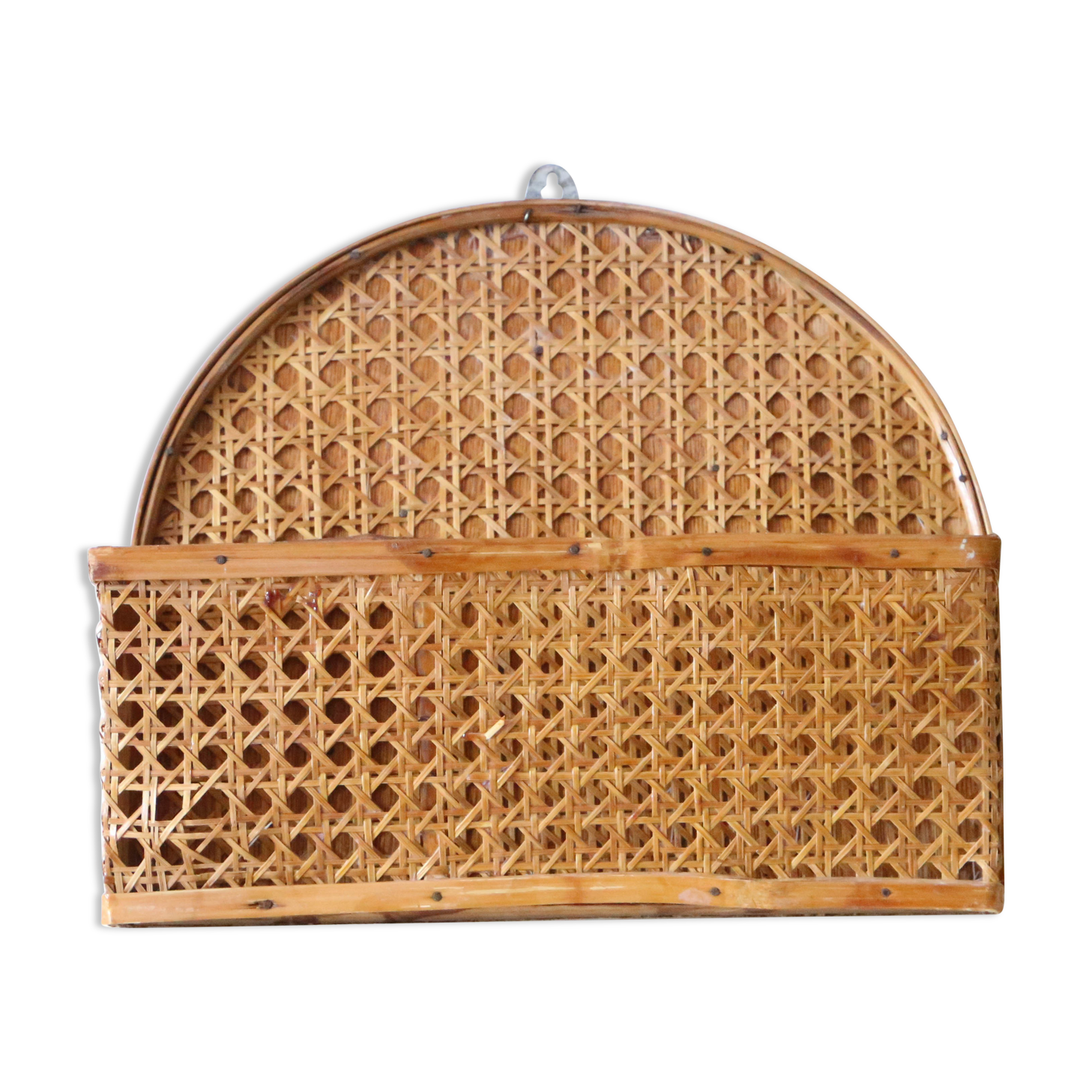 Mail holder, empty wall pocket, wicker and cannage, vintage