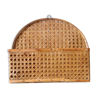 Mail holder, empty wall pocket, wicker and cannage, vintage
