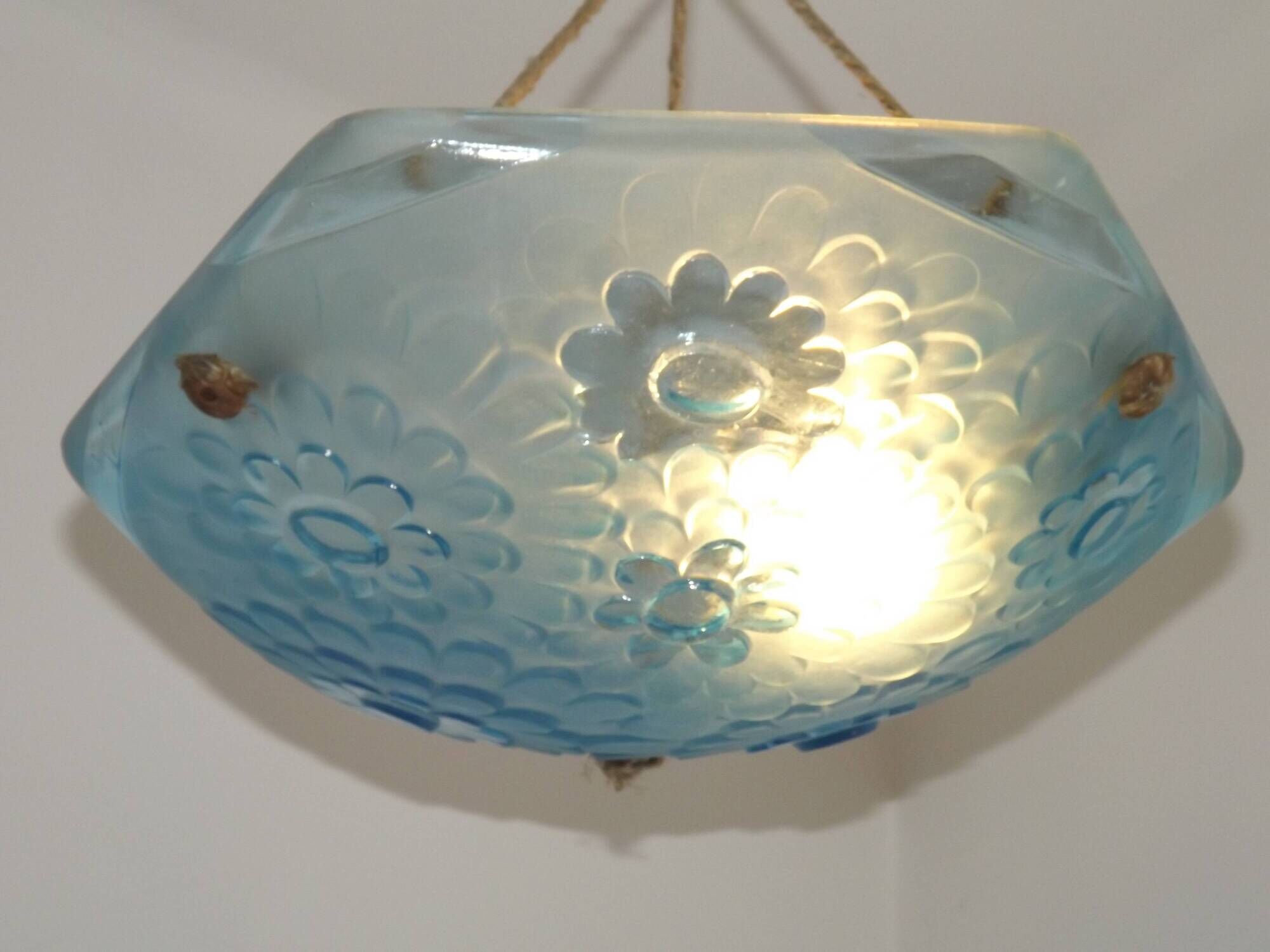 French Art Deco Degué Ice Blue Hexagonal Glass Pendant Ceiling Light