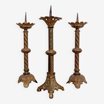 Ensemble De 3 Chandeliers d'Autel Porte Cierge - Bronze - époque : XIXème Siècle