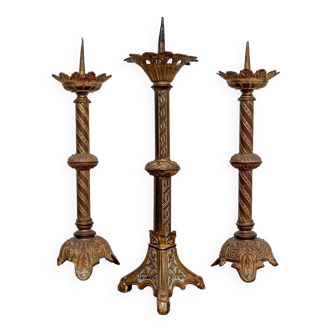 Ensemble De 3 Chandeliers d'Autel Porte Cierge - Bronze - époque : XIXème Siècle
