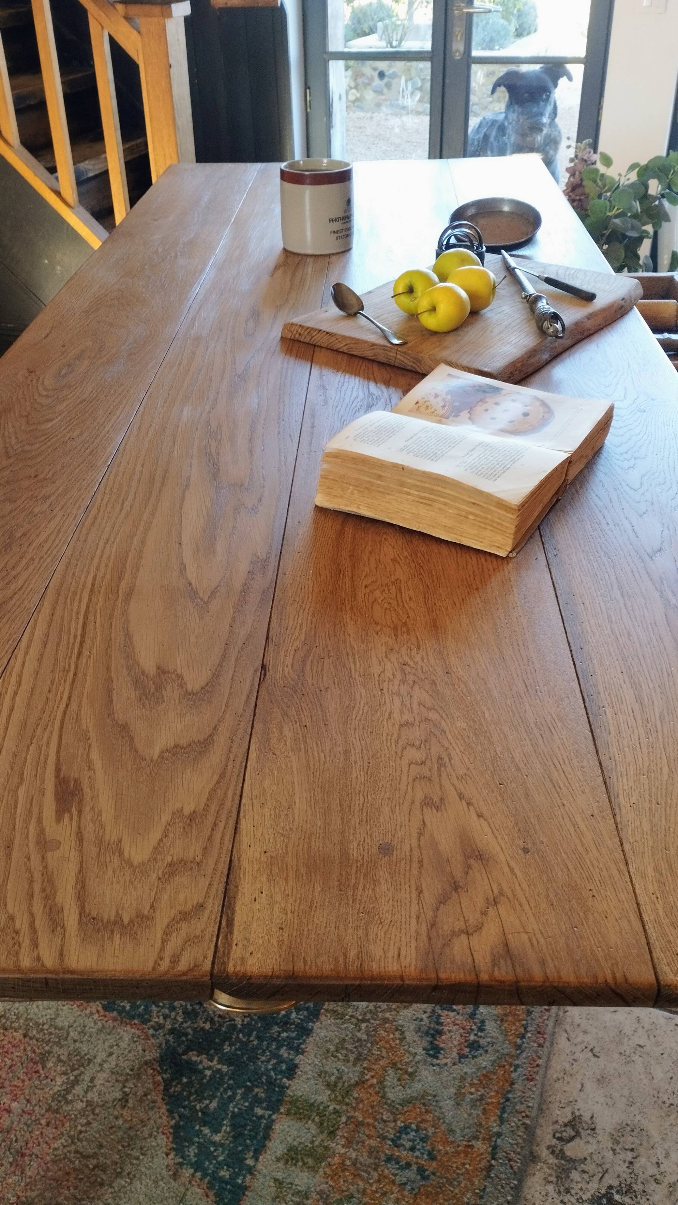 Solid oak farmhouse table with central drawer and extension