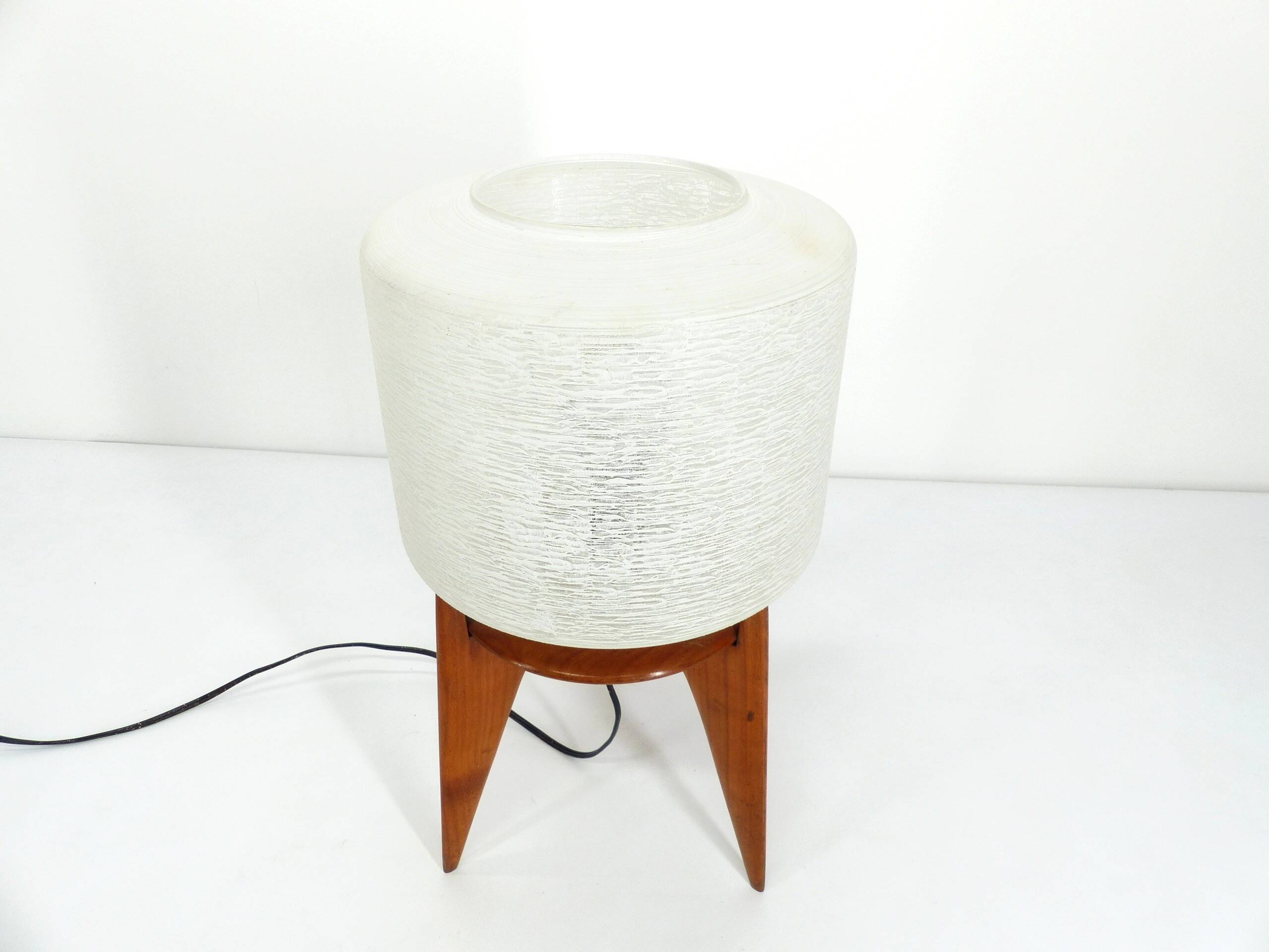 Vintage tripod table lamp wood and glass 1950 France