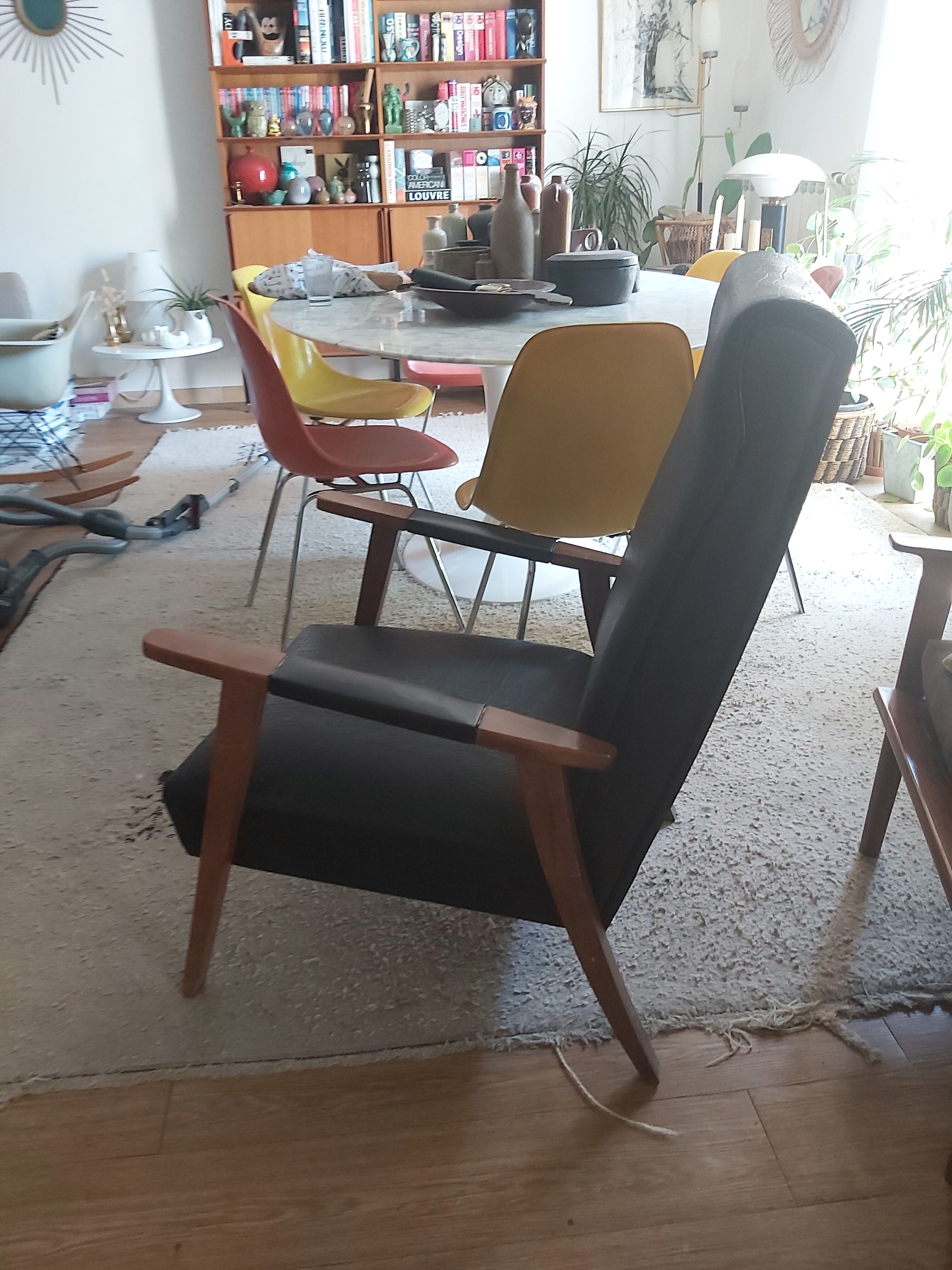 Armchair 60s wood and imitation leather