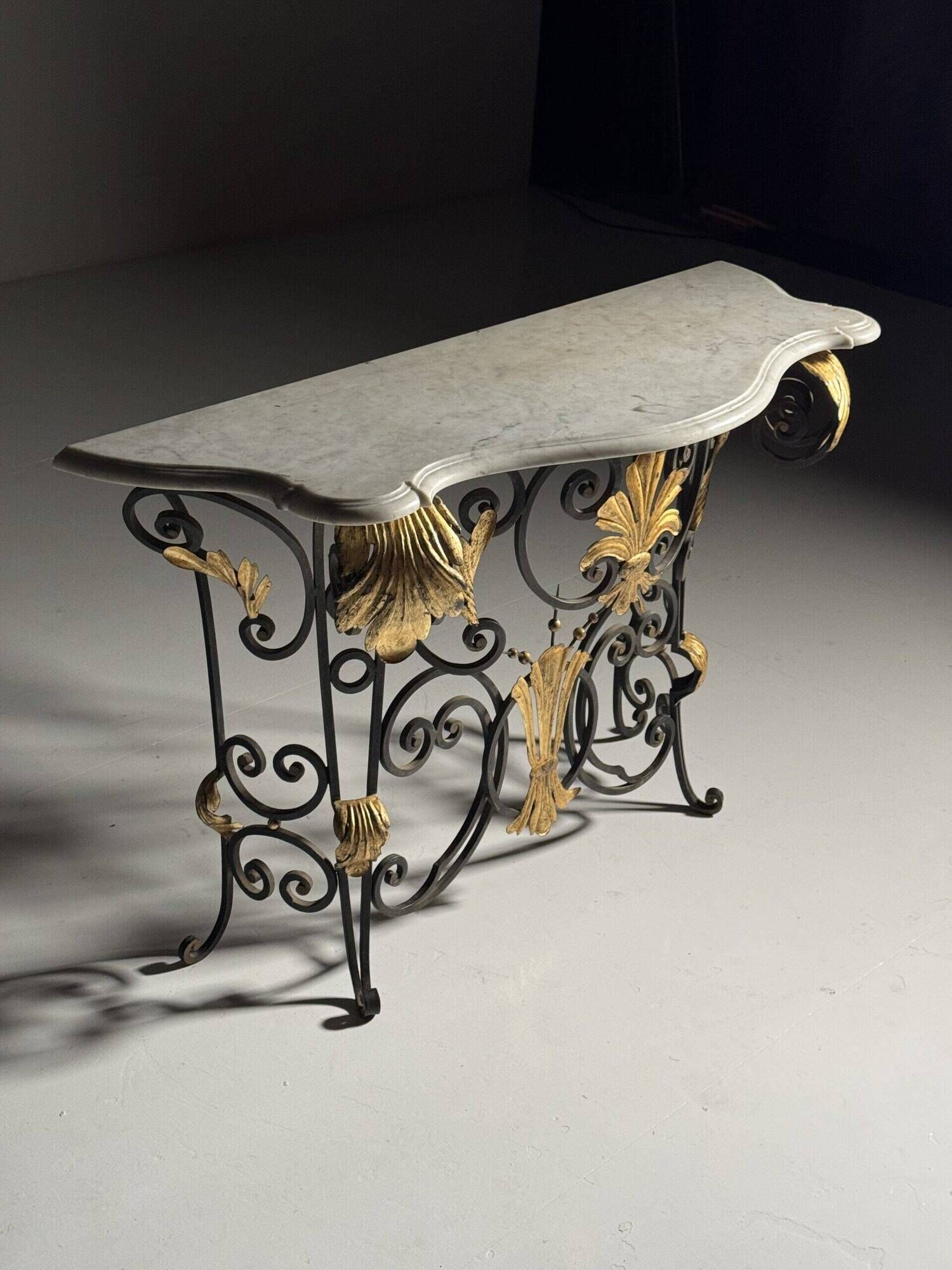 Table console en fer forgé avec marbre, années 1950