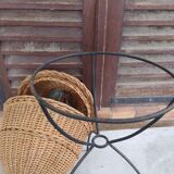 Vintage rattan worker, wrought iron tripod base, 60s