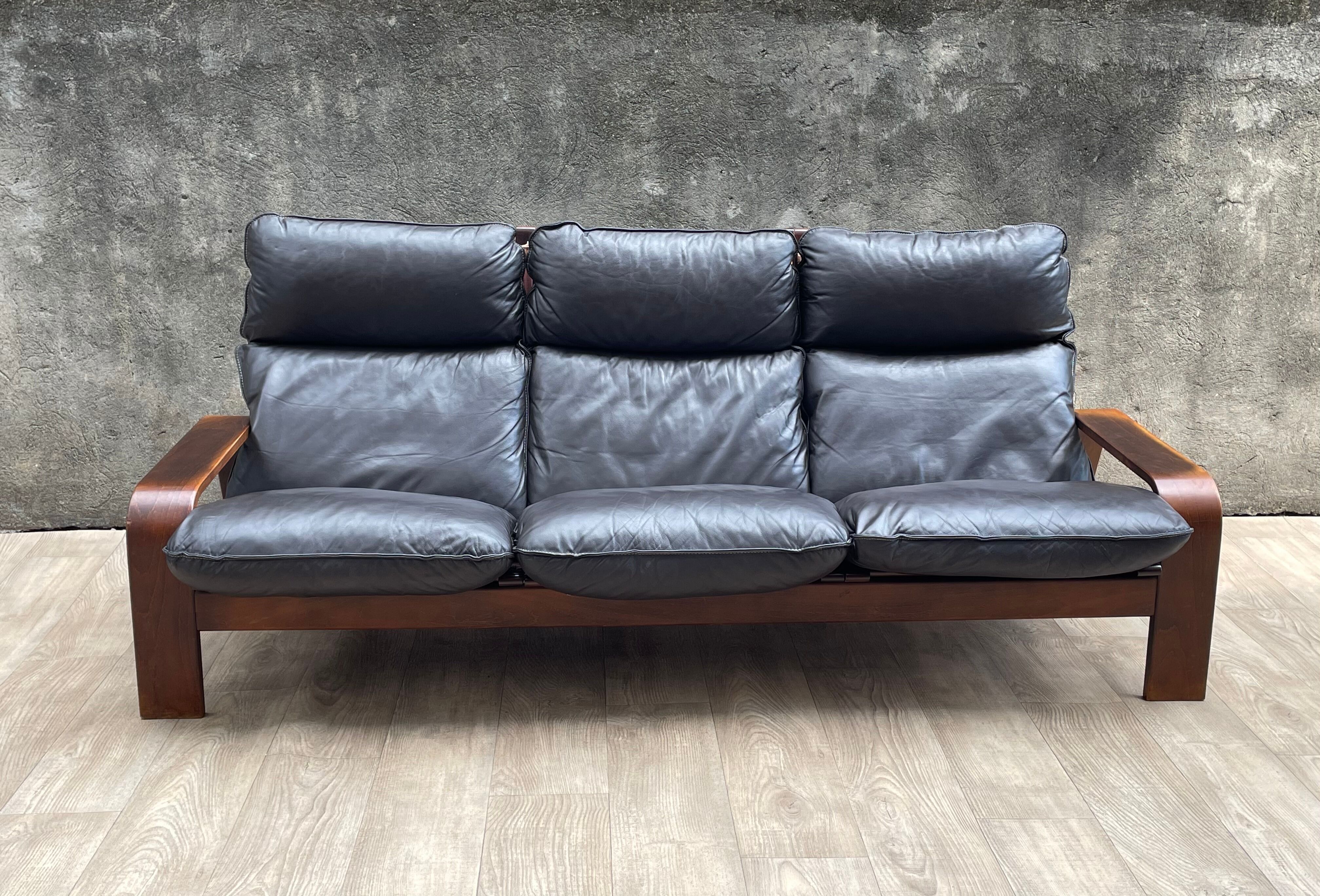 Scandinavian wooden and leather sofa, 1970s