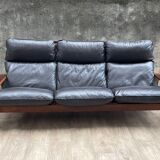 Scandinavian wooden and leather sofa, 1970s