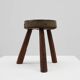 Brutalist French solid oak tripod stool with metal rim, 1850s