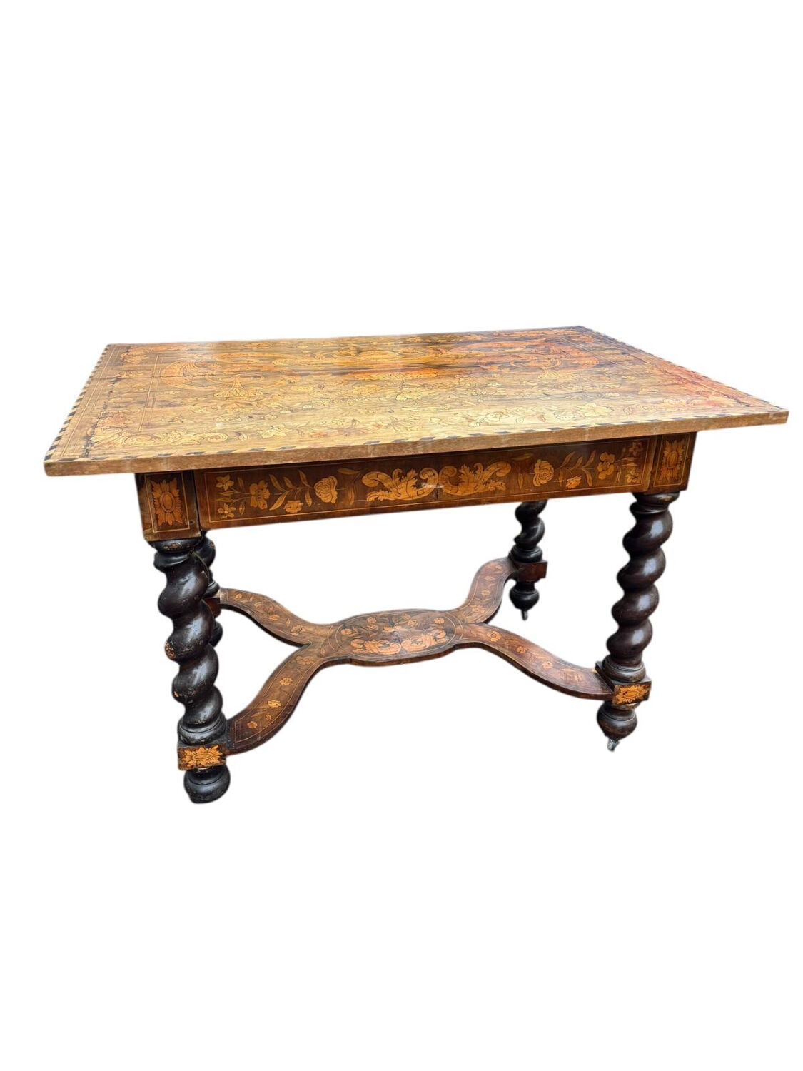 Dutch salon 1900, table and 4 chairs in marquetry stamped IDRAC.