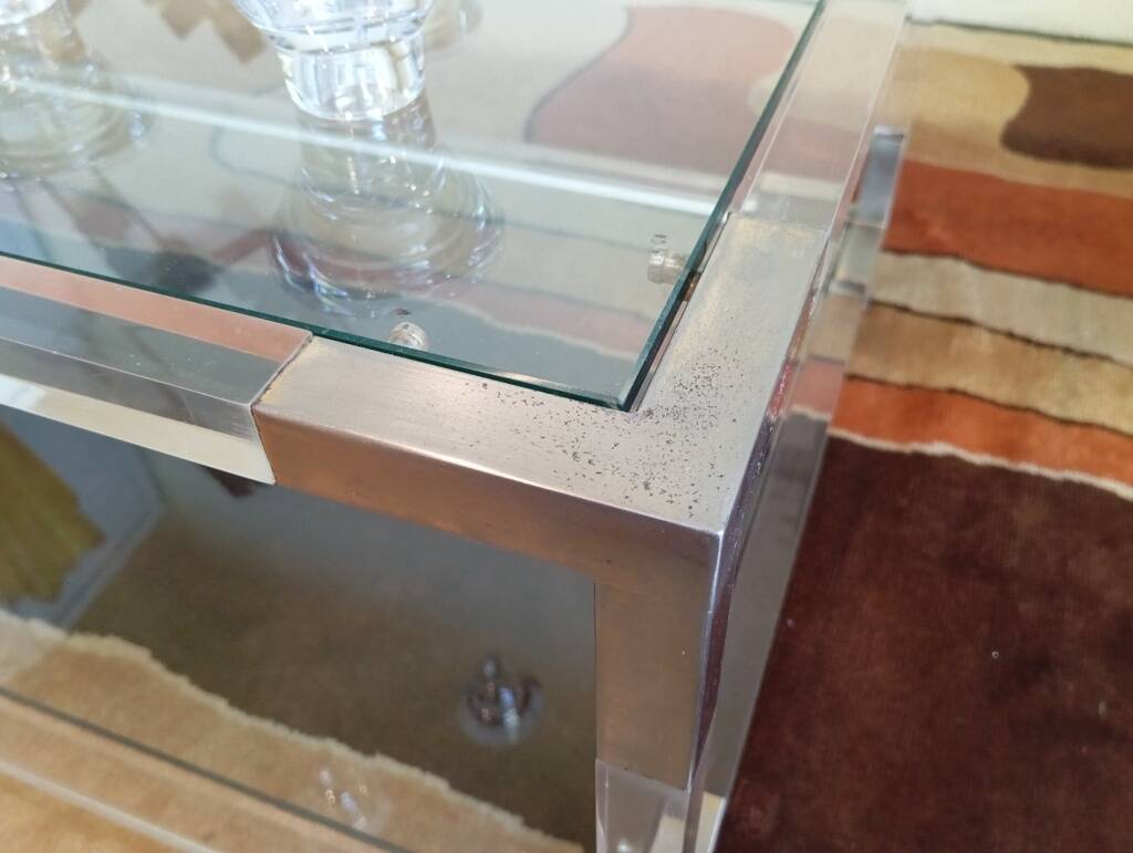 80s Lucite, Glass and Metal Coffee Table