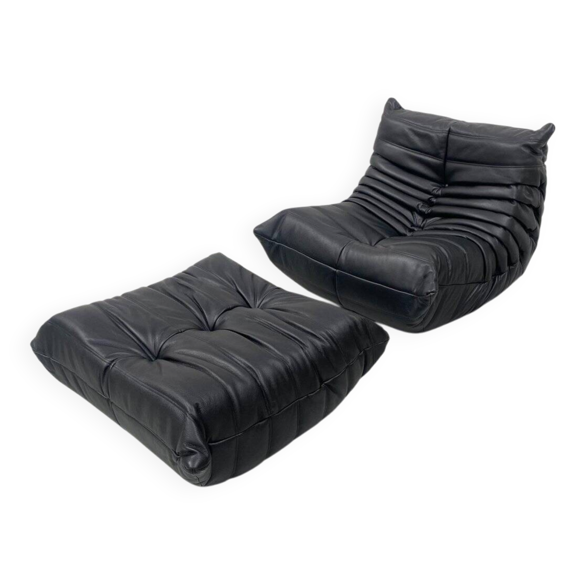 Togo chair and pouffe-black leather attributed to Ducaroy for Ligne Roset.