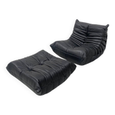 Togo chair and pouffe-black leather attributed to Ducaroy for Ligne Roset.