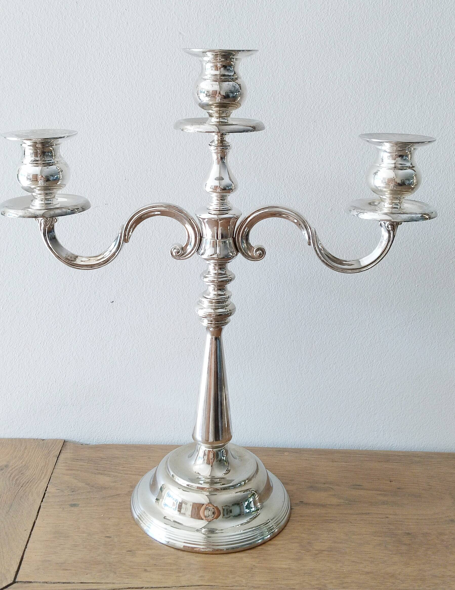 3-arm silver-plated metal candlesticks, candlesticks