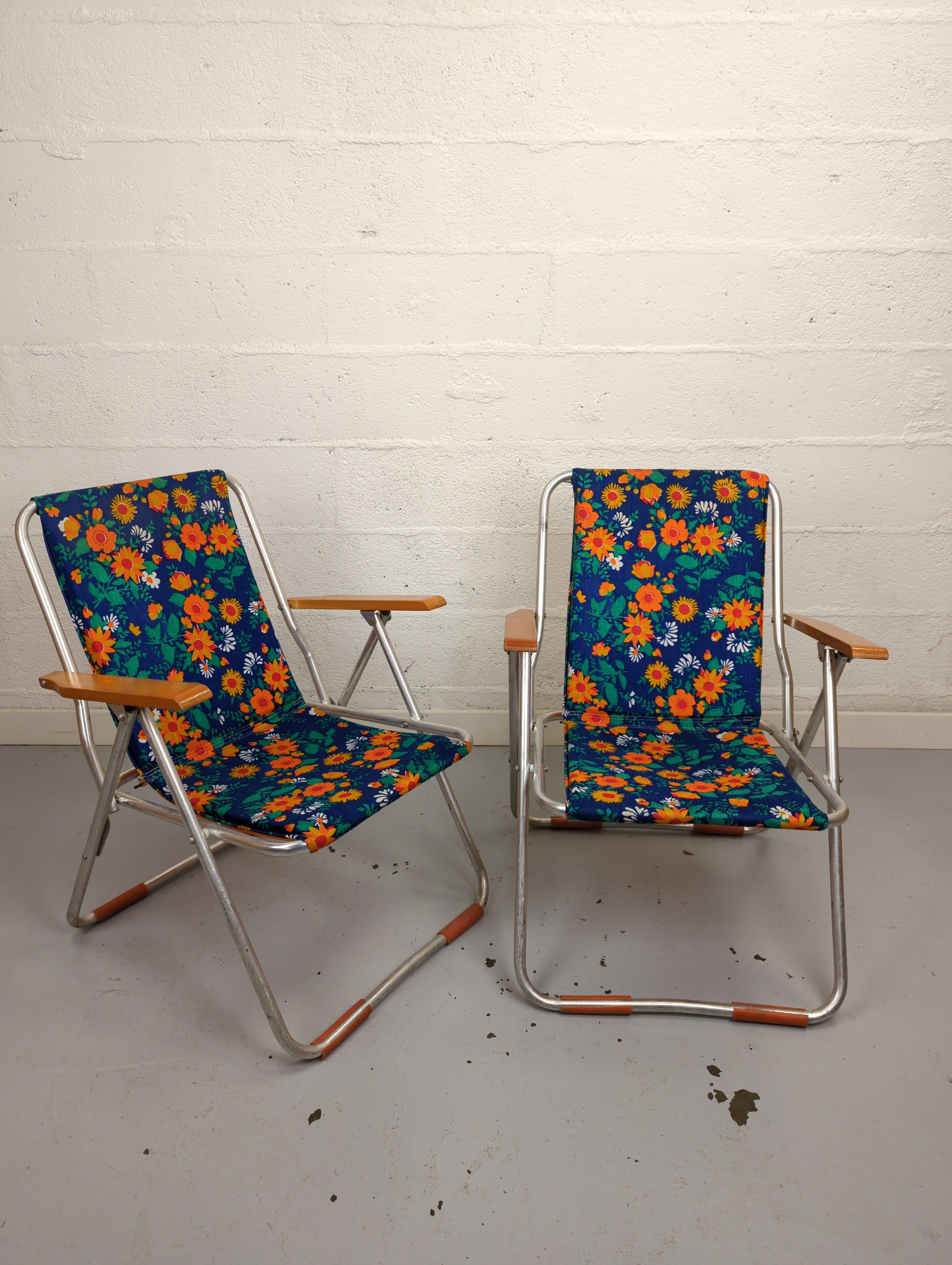 Pair of folding armchairs vintage camping Pouch DDR flowery