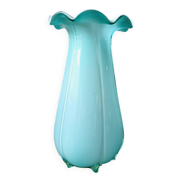 Large light blue opaline vase with a wavy neck.