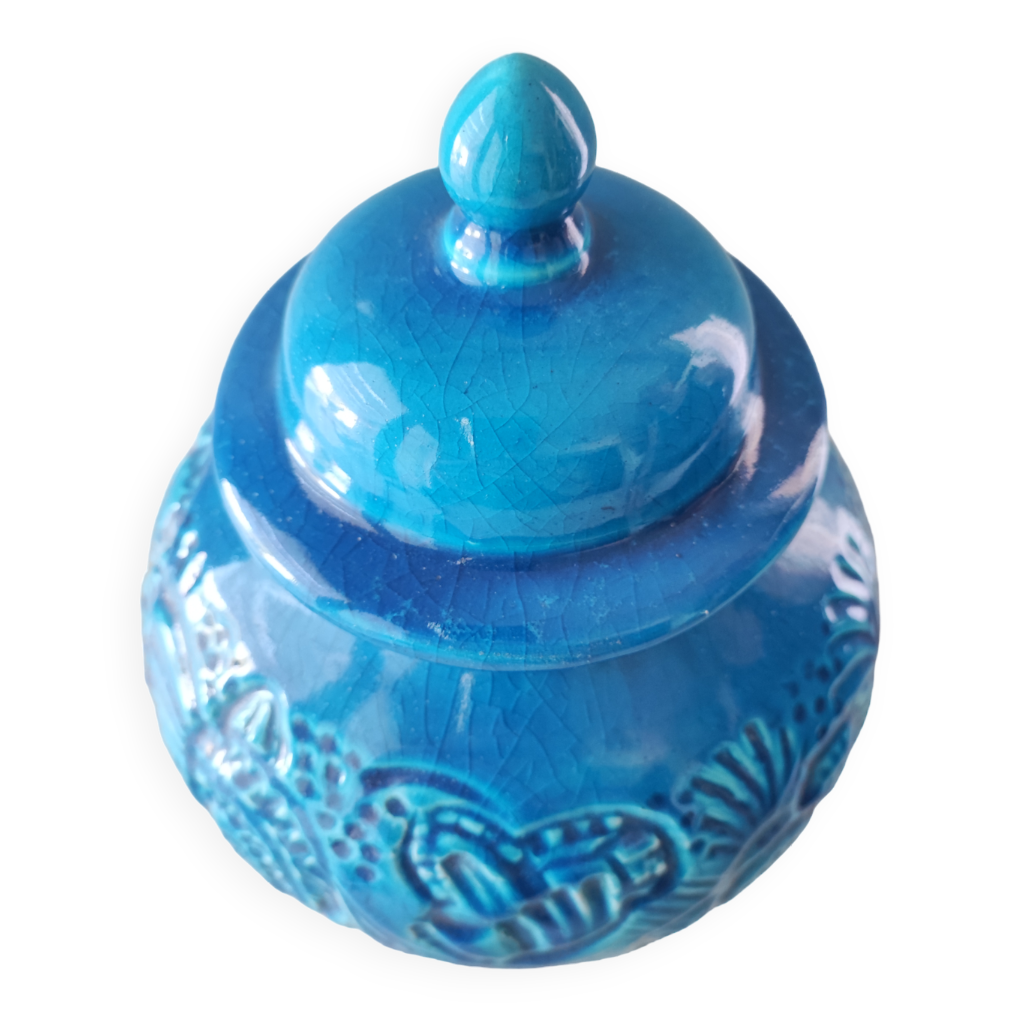 French art deco pottery turquoise vase and cover