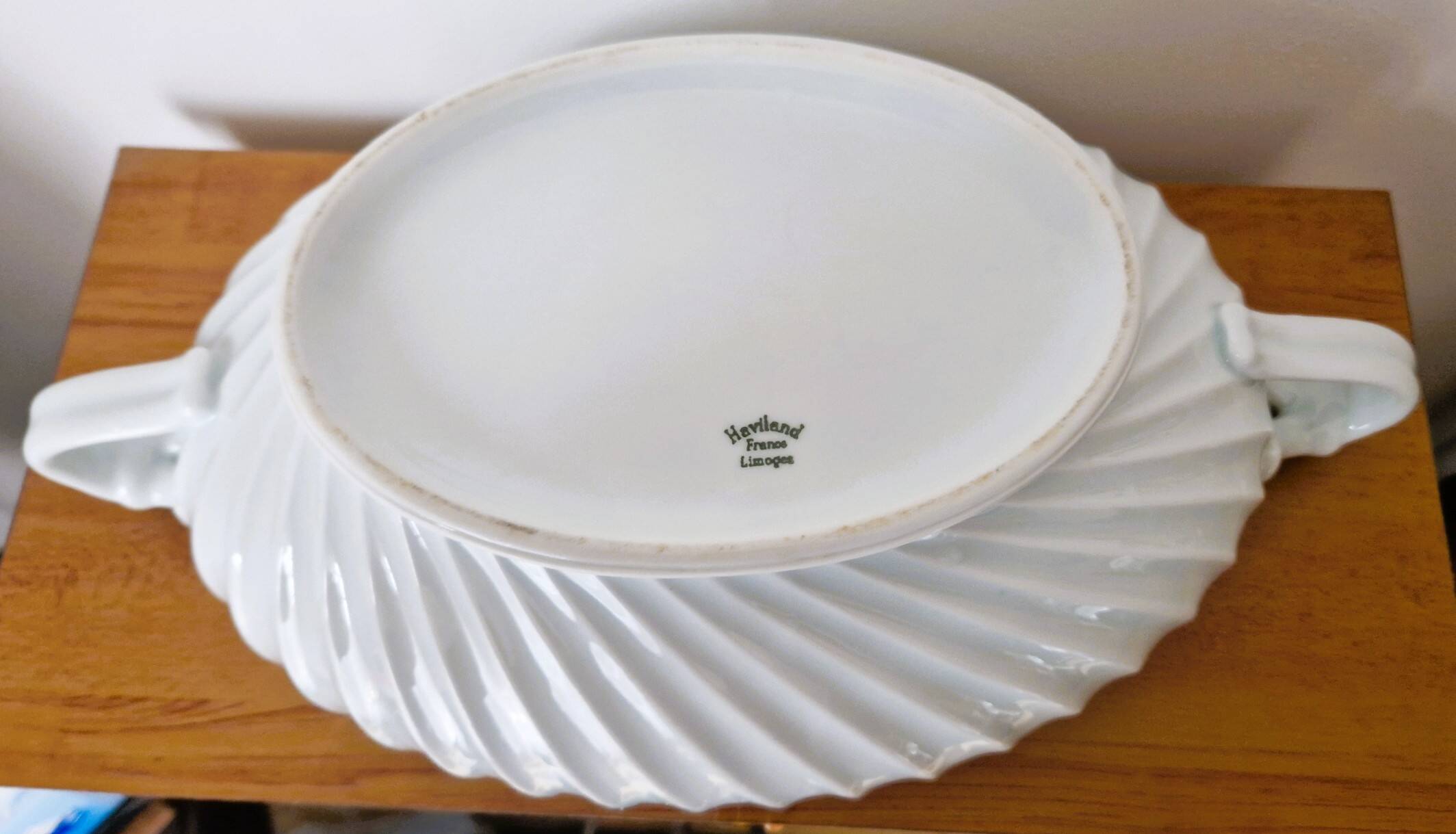 Oval white porcelain soup tureen by Haviland, torso model.