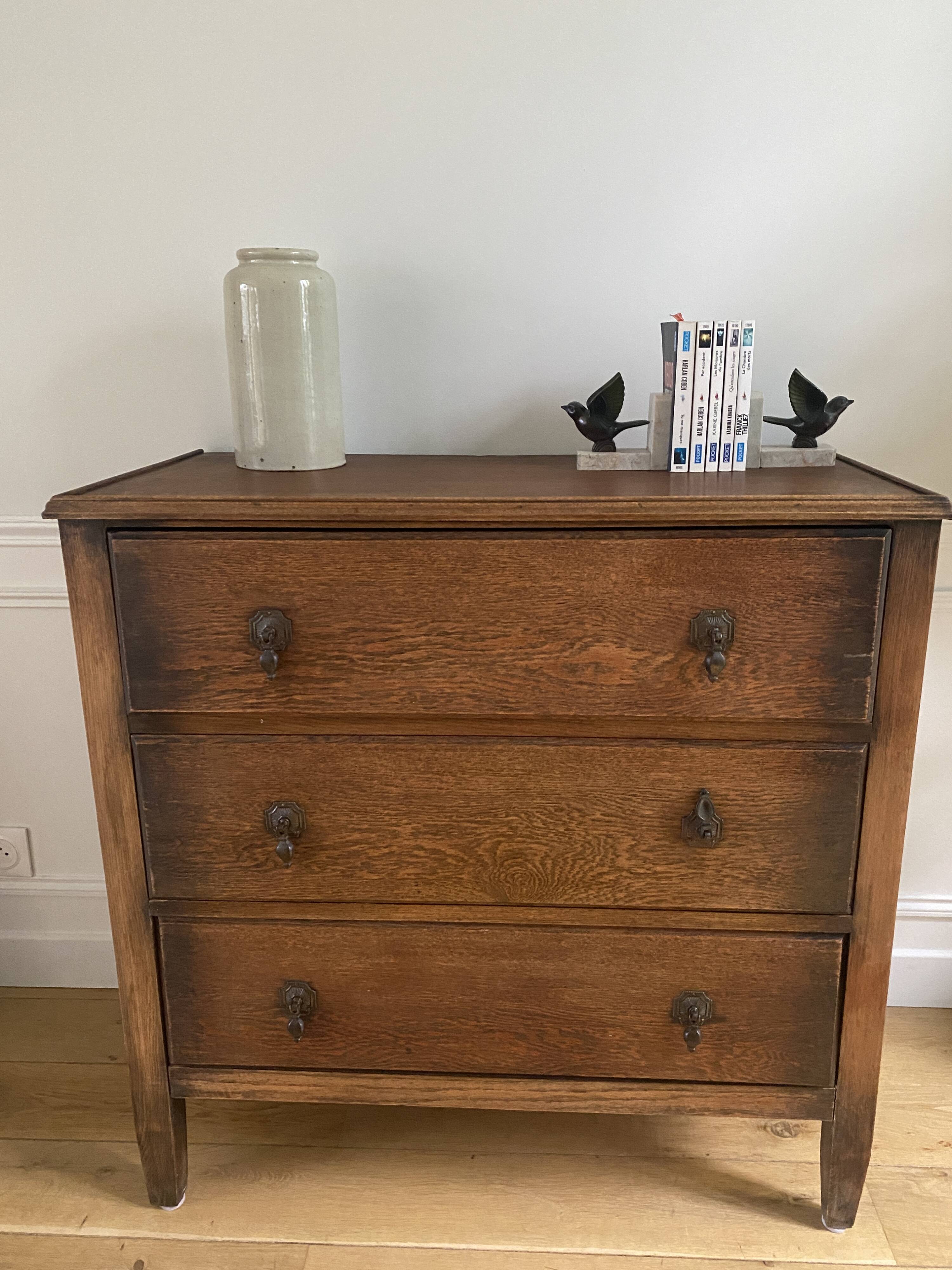 Vintage wooden chest of drawers with three drawers and brown marble top