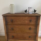 Vintage wooden chest of drawers with three drawers and brown marble top